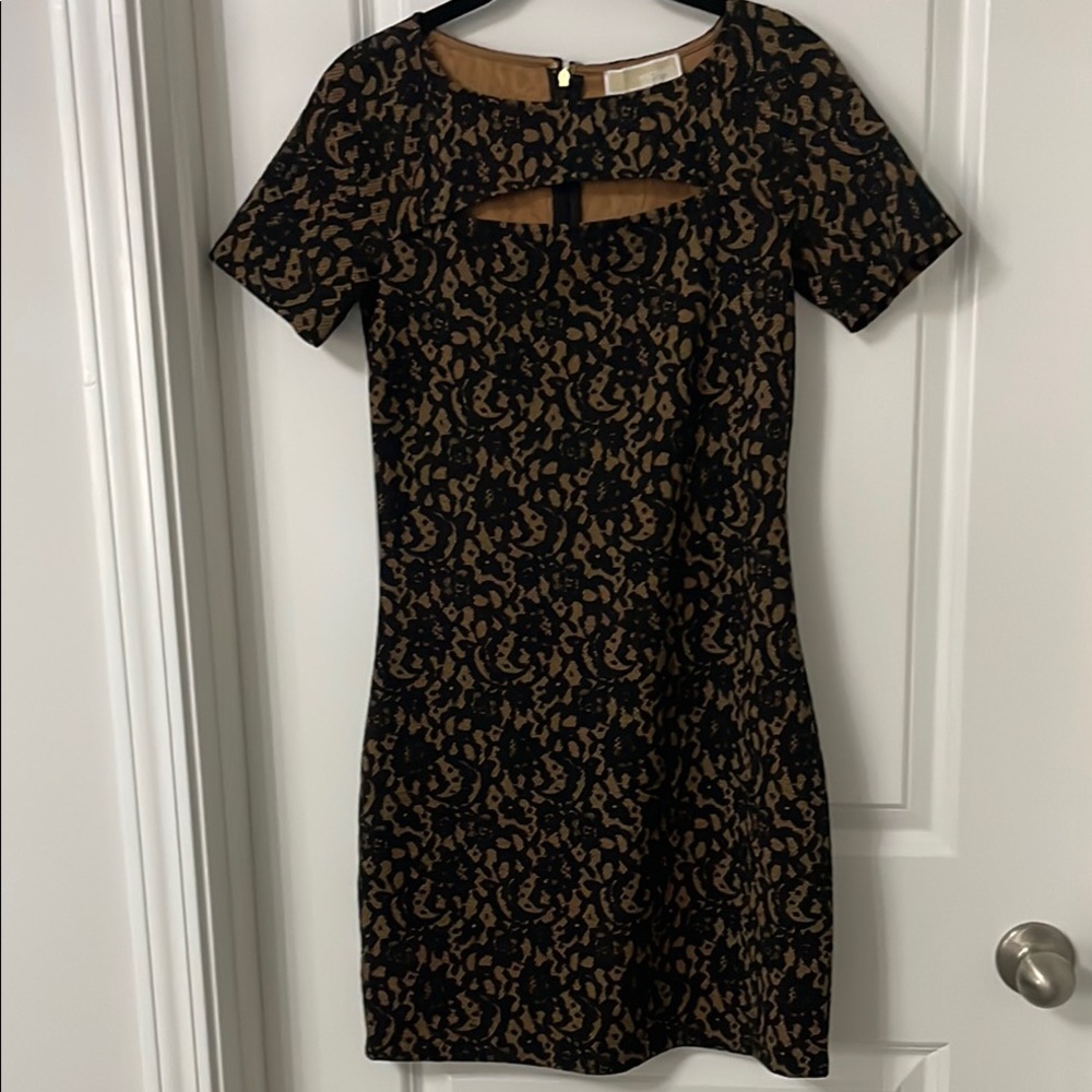 Michael Kors Black and Dark Tan Lace Overlay Dress with Cutout XS